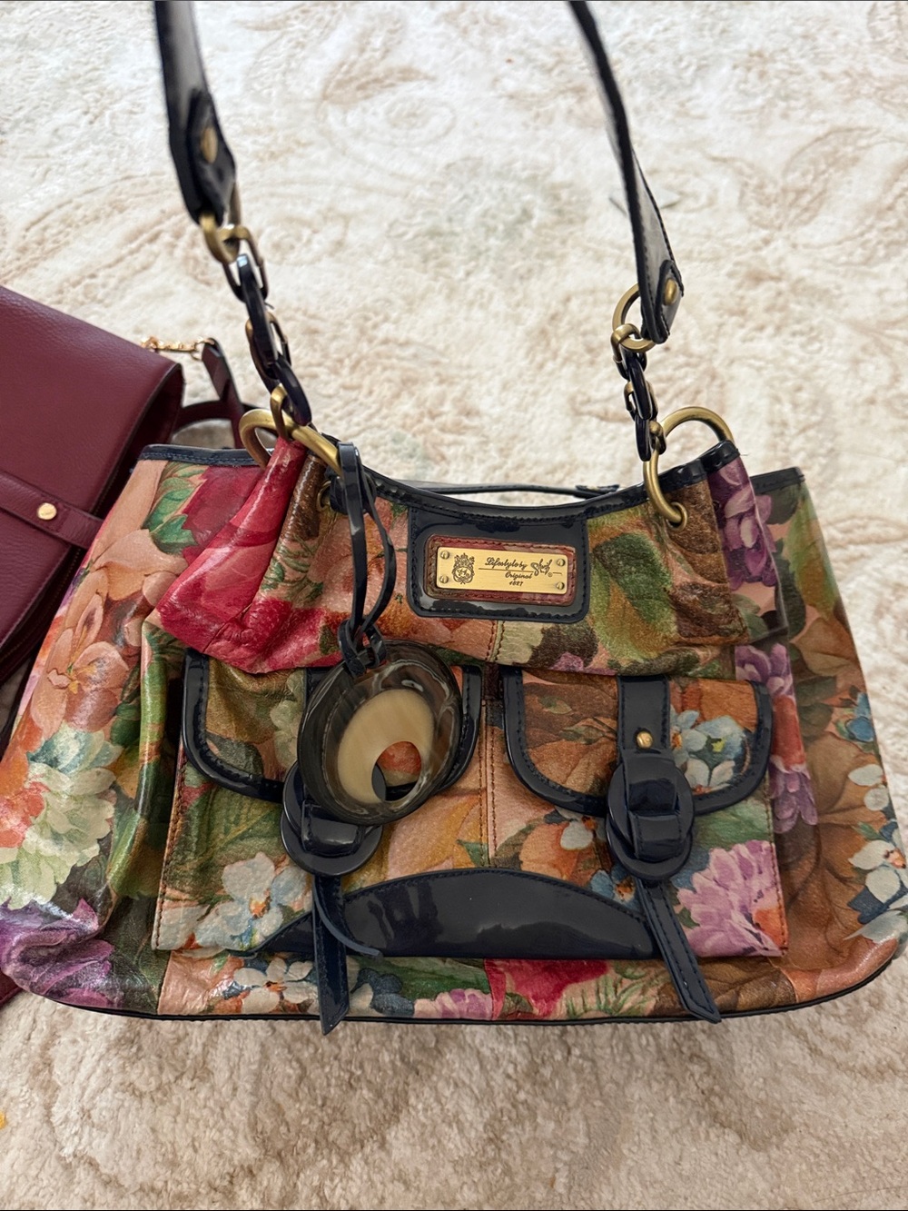 Multicolor Floral Canvas Shoulder Bag with Black Patent Trim